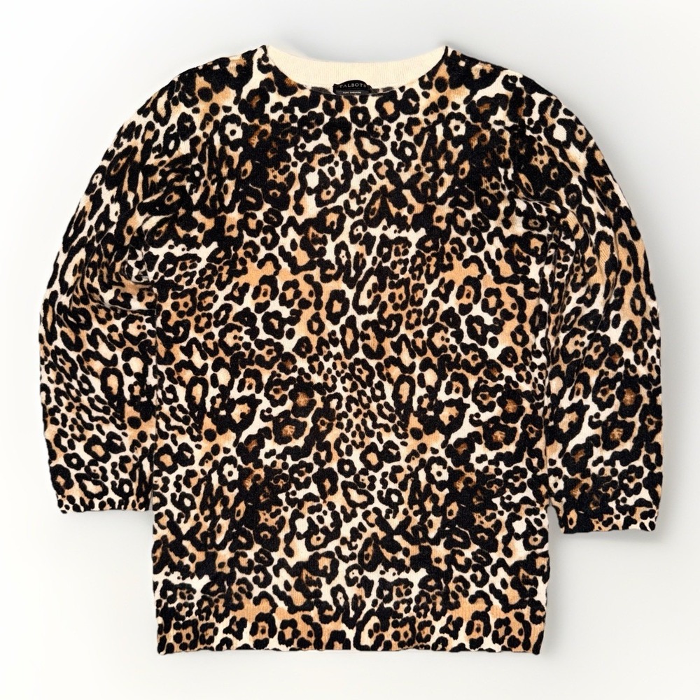 Talbots Pure Cashmere Sweater Womens S Leopard Animal Print 3/4 Sleeve Soft